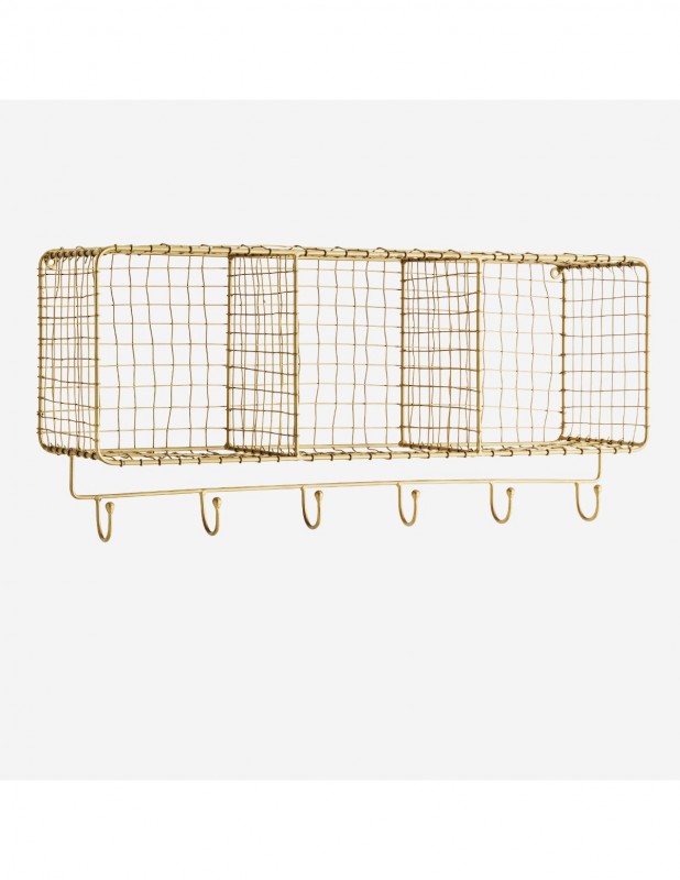BRASS WIRE WALL SHELF WITH HOOKS - CABINETS, SHELVES